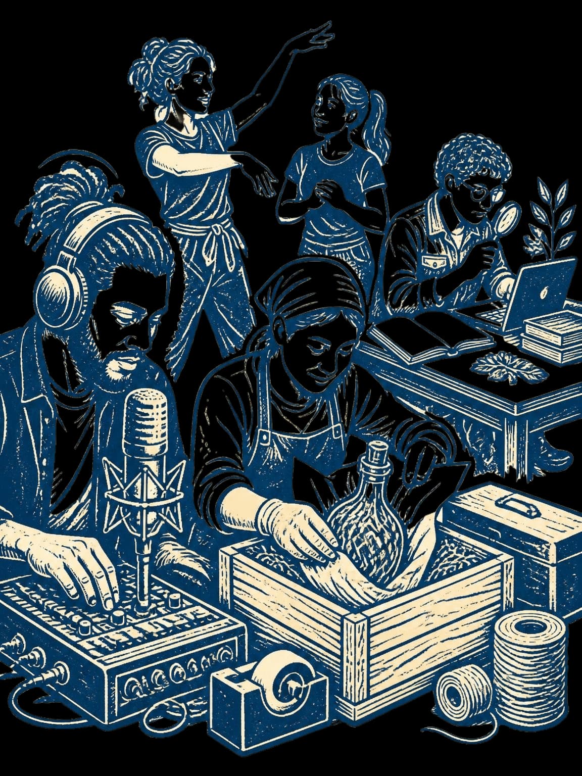 Diverse people working on unusual creative tasks in a shared creative studio, including audio recording, specialty packing, dance instruction, and research work