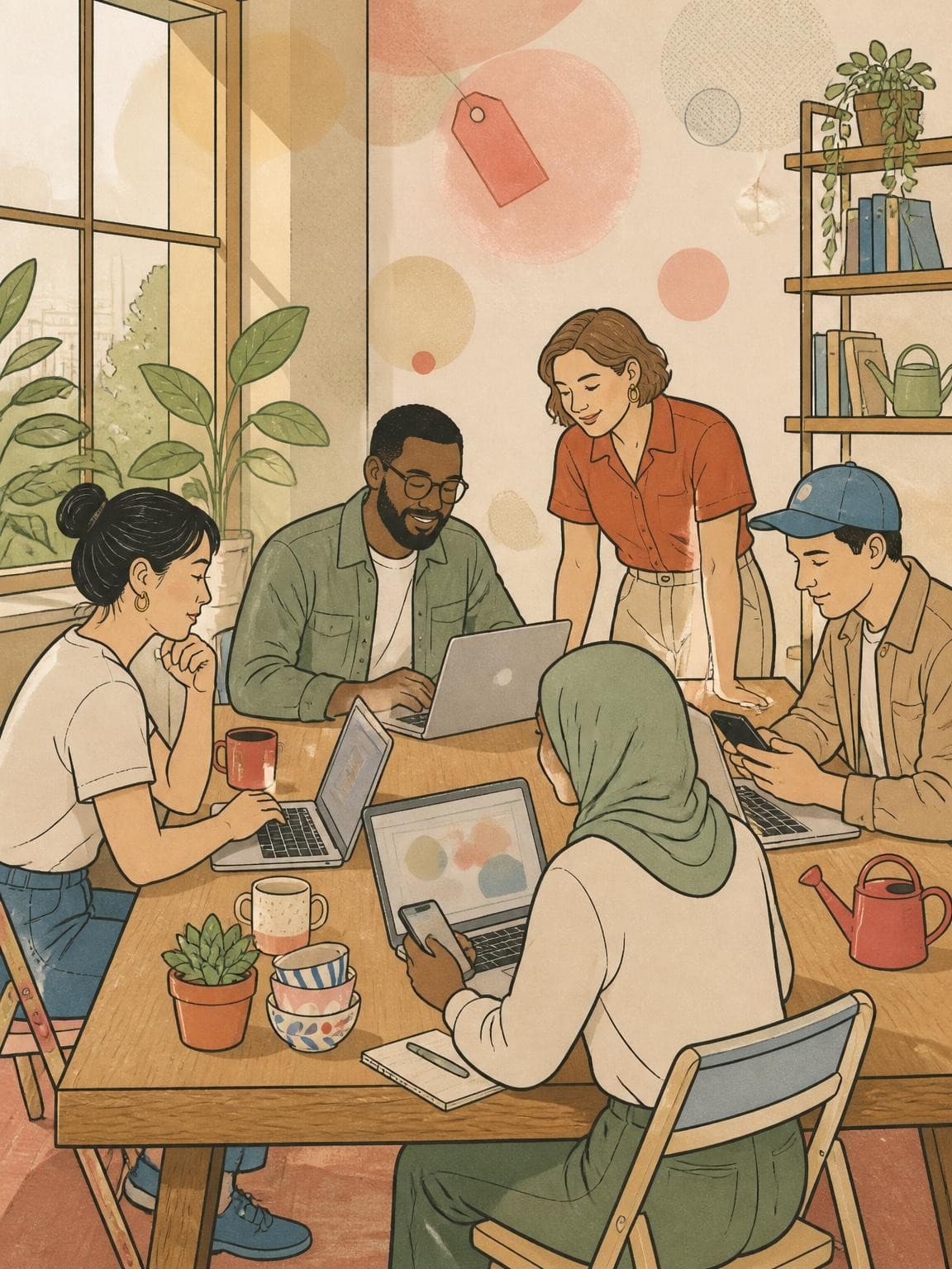 Diverse group of people collaborating on work tasks in a modern coworking space