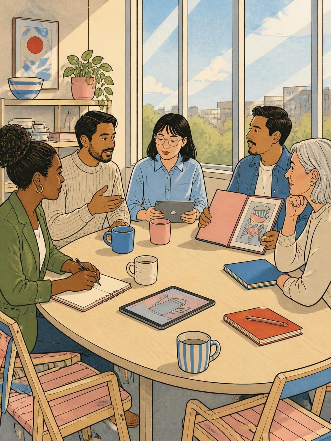 Diverse group of market research participants in a bright focus group room discussing feedback