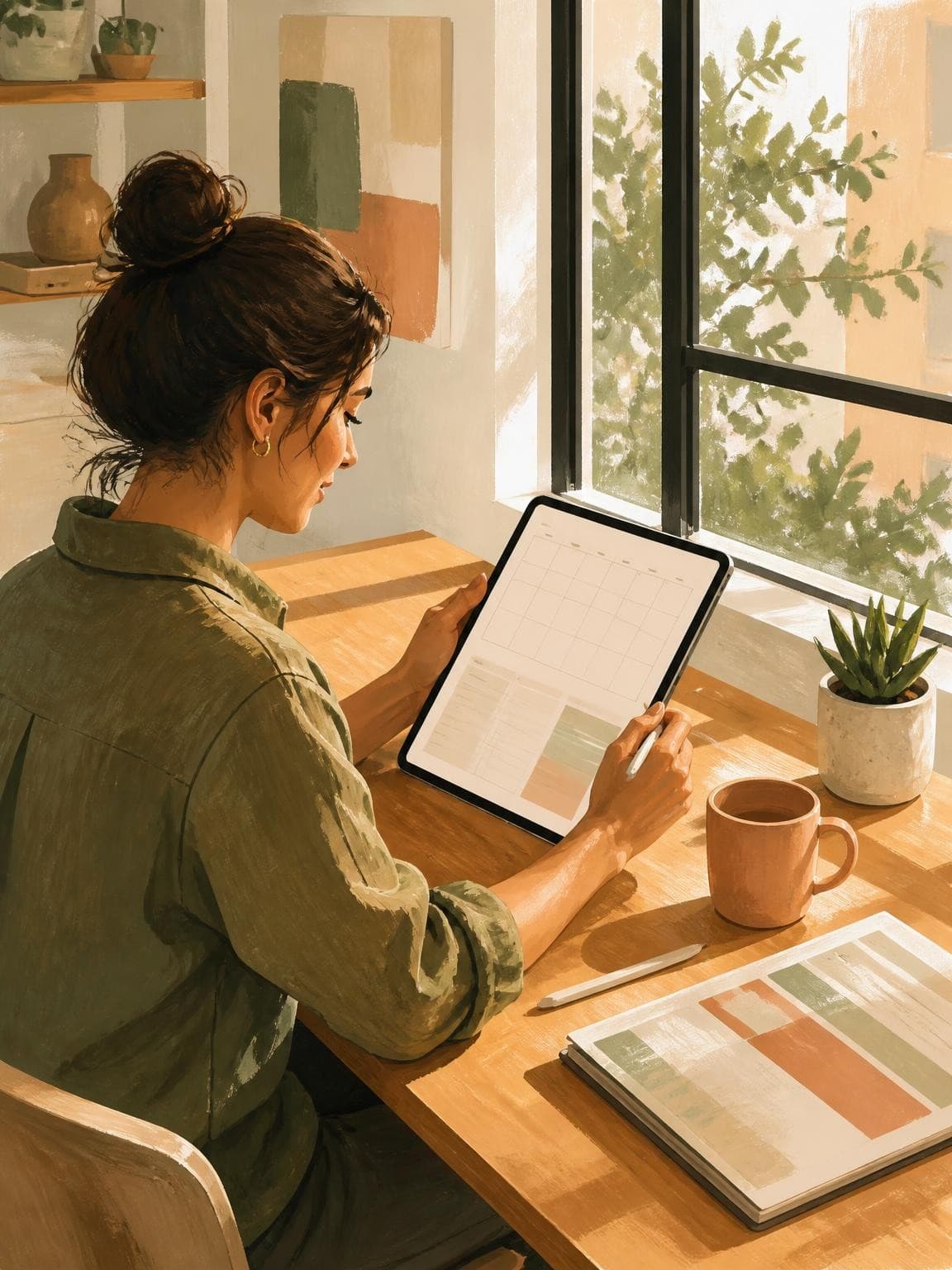 A professional planning ahead at a minimalist desk, reviewing a calendar on a tablet with morning light streaming through a window