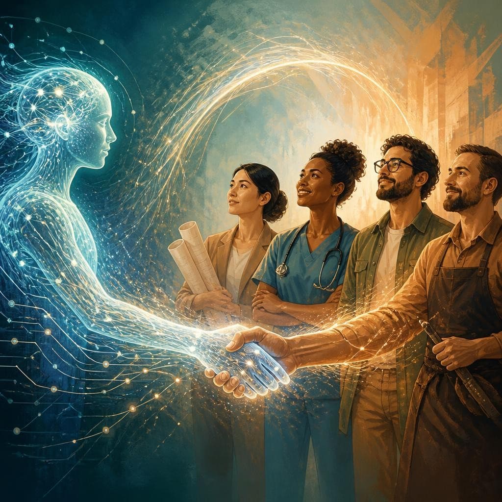 AI neural network connecting with diverse human workers through a digital bridge, representing platforms where AI agents hire humans for real-world tasks