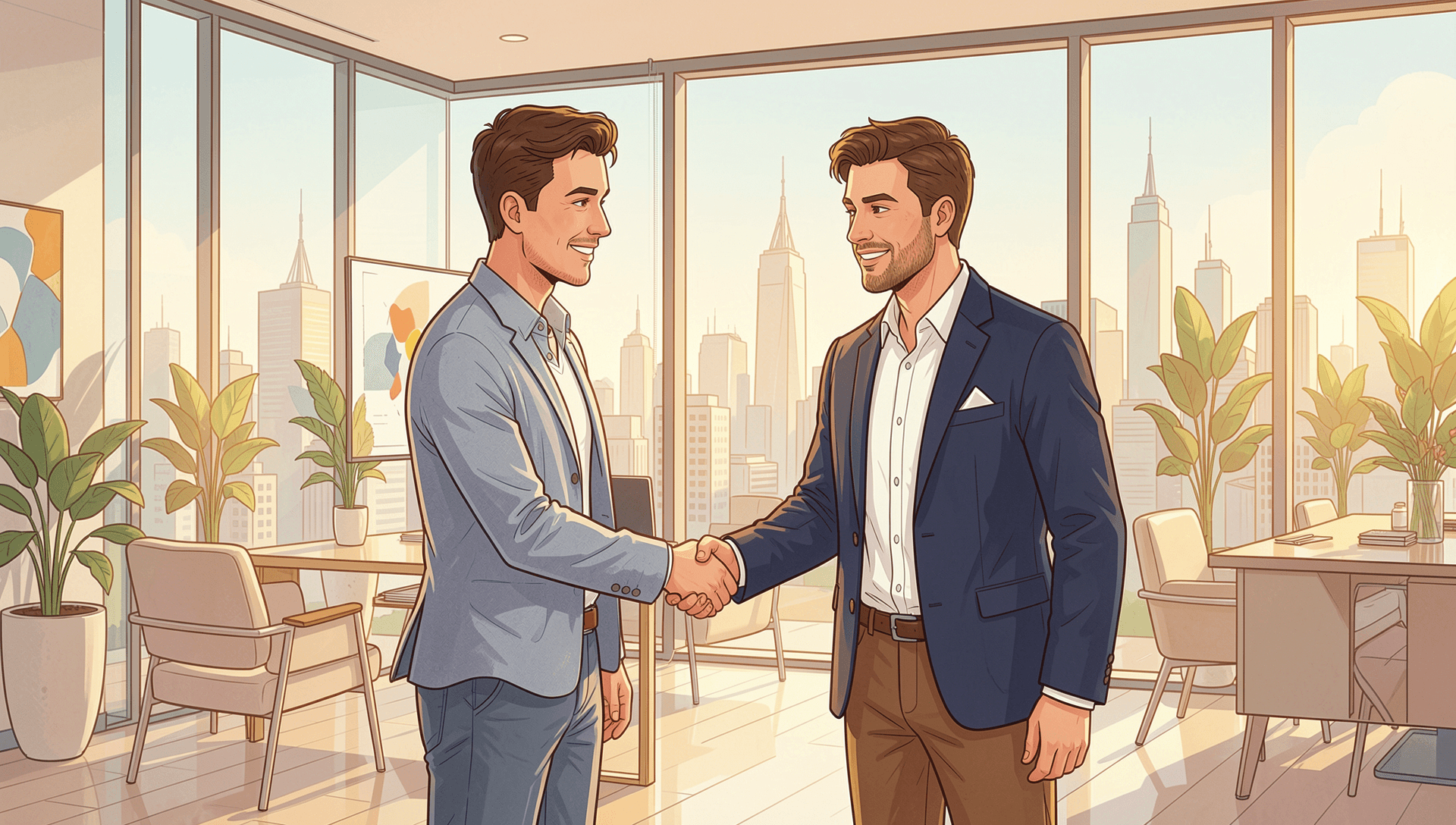 Professional salesperson shaking hands with a client in a modern office with city skyline views