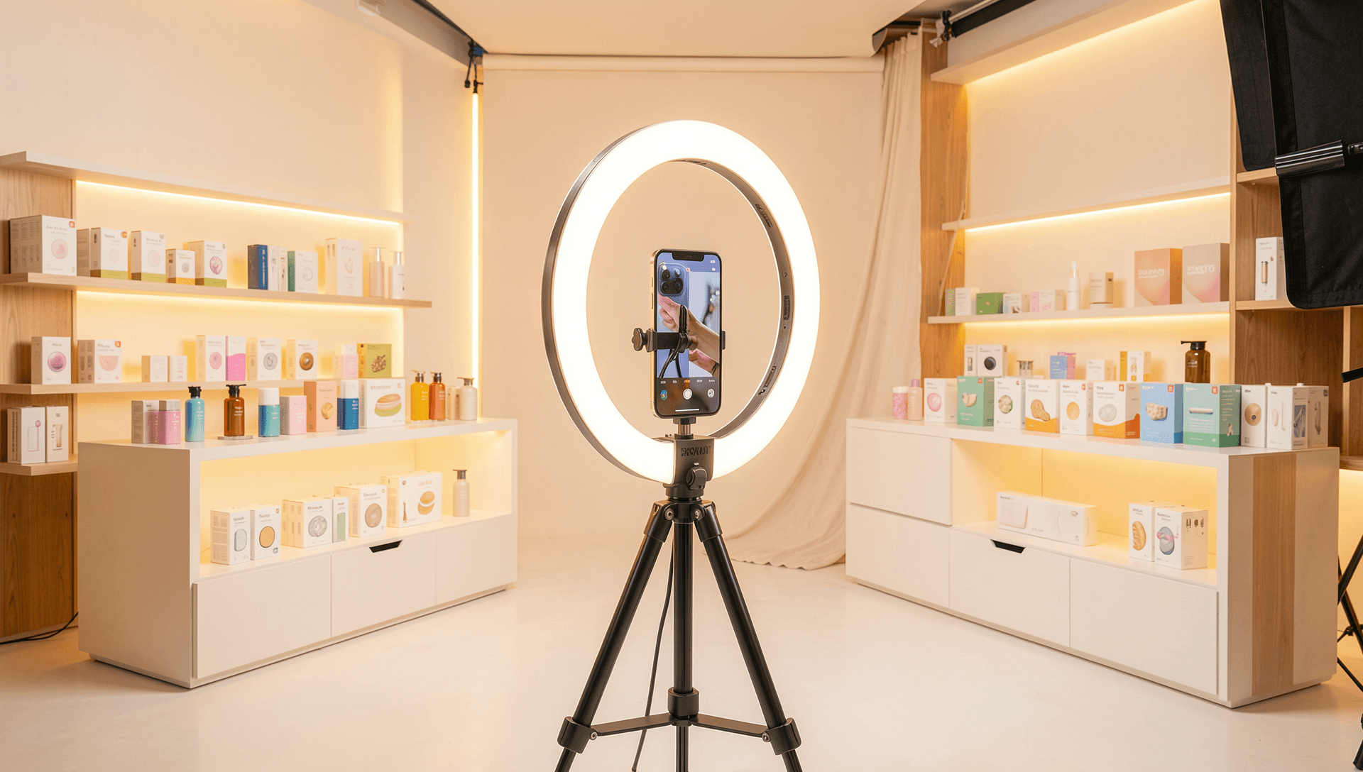 Professional livestreaming studio with smartphone on tripod and ring lighting for TikTok product broadcasts