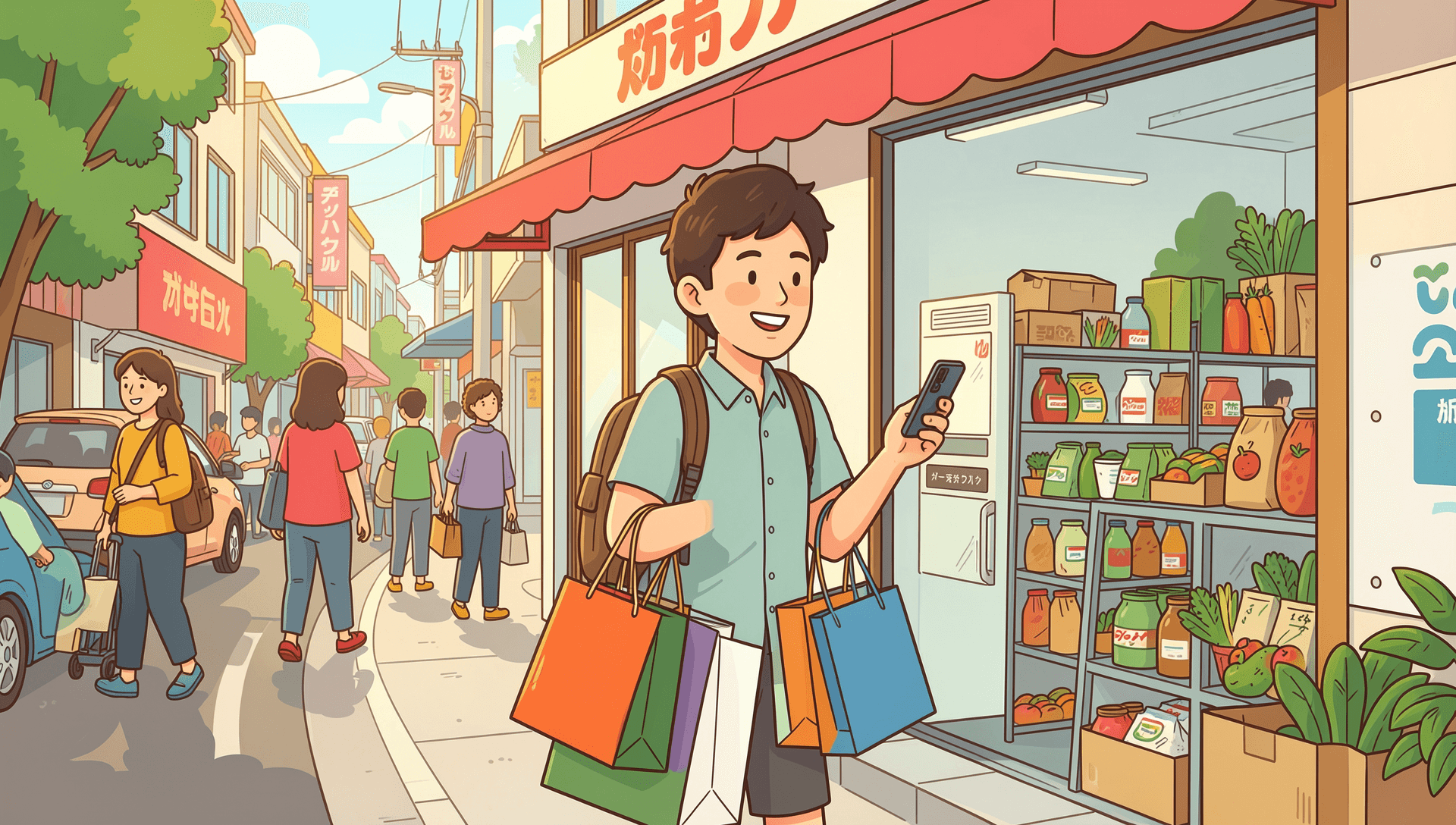 Illustration of a person running errands on a bright city street, carrying shopping bags and a phone