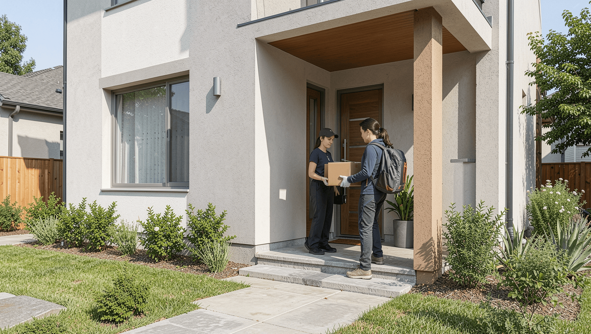 Person delivering a package to a doorstep in bright natural lighting, showing real-world work AI cannot complete alone