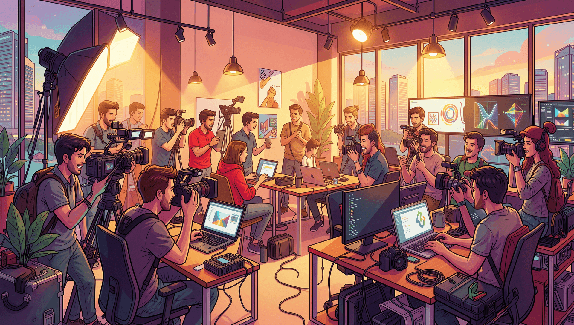 Creative professionals working in a modern Singapore studio with photographers, designers, and video equipment