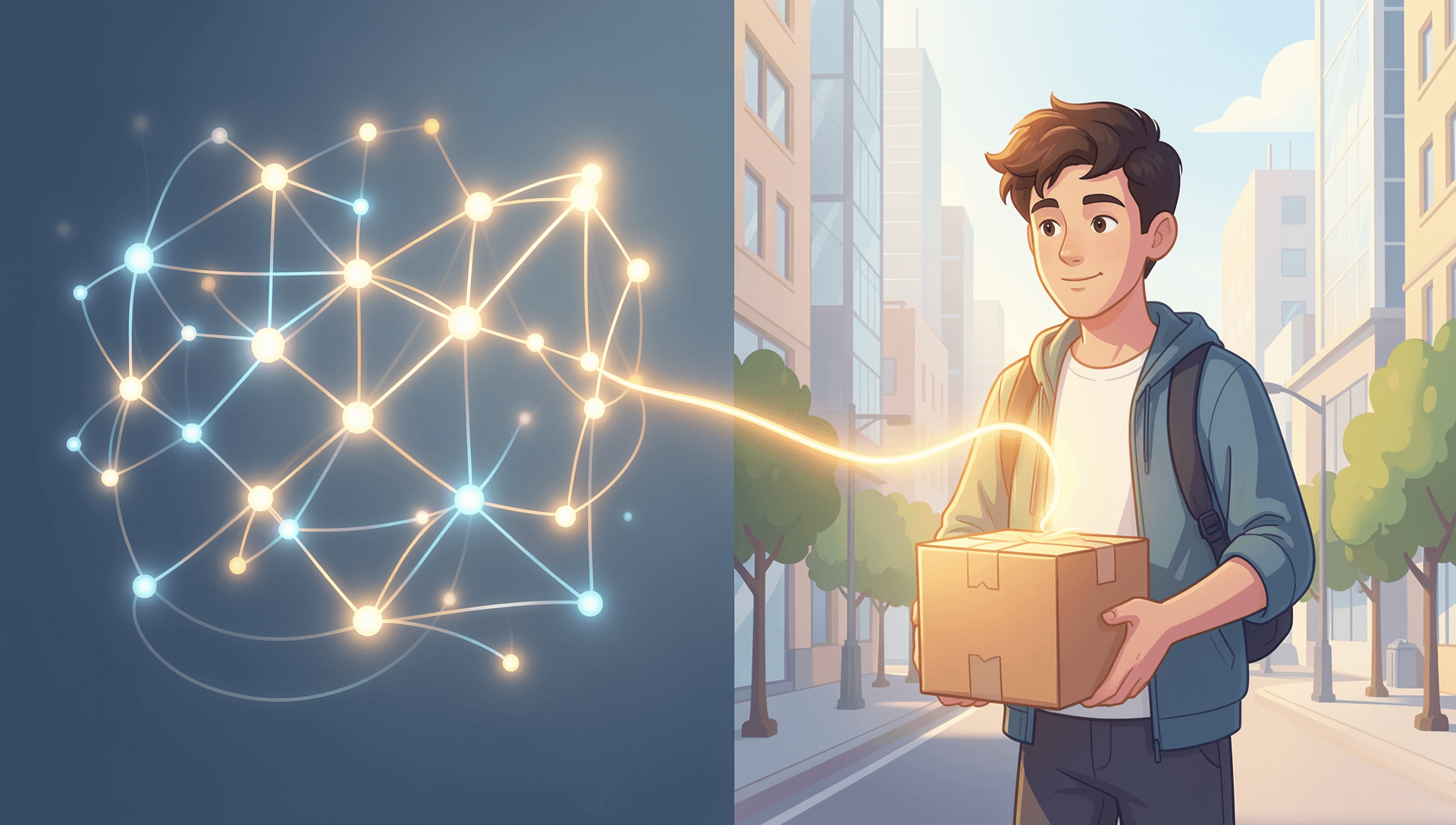 An abstract AI network connected by a thread of light to a person doing real-world work in a city