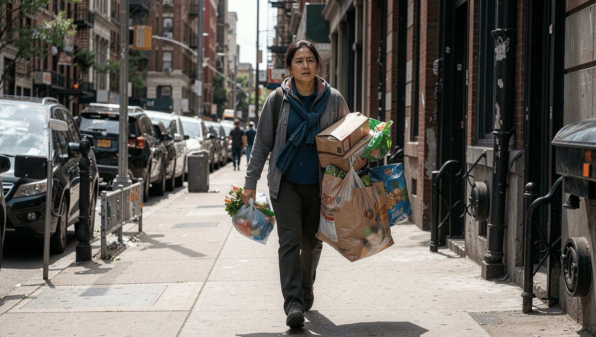 Person carrying grocery bags and packages on an urban sidewalk while running errands