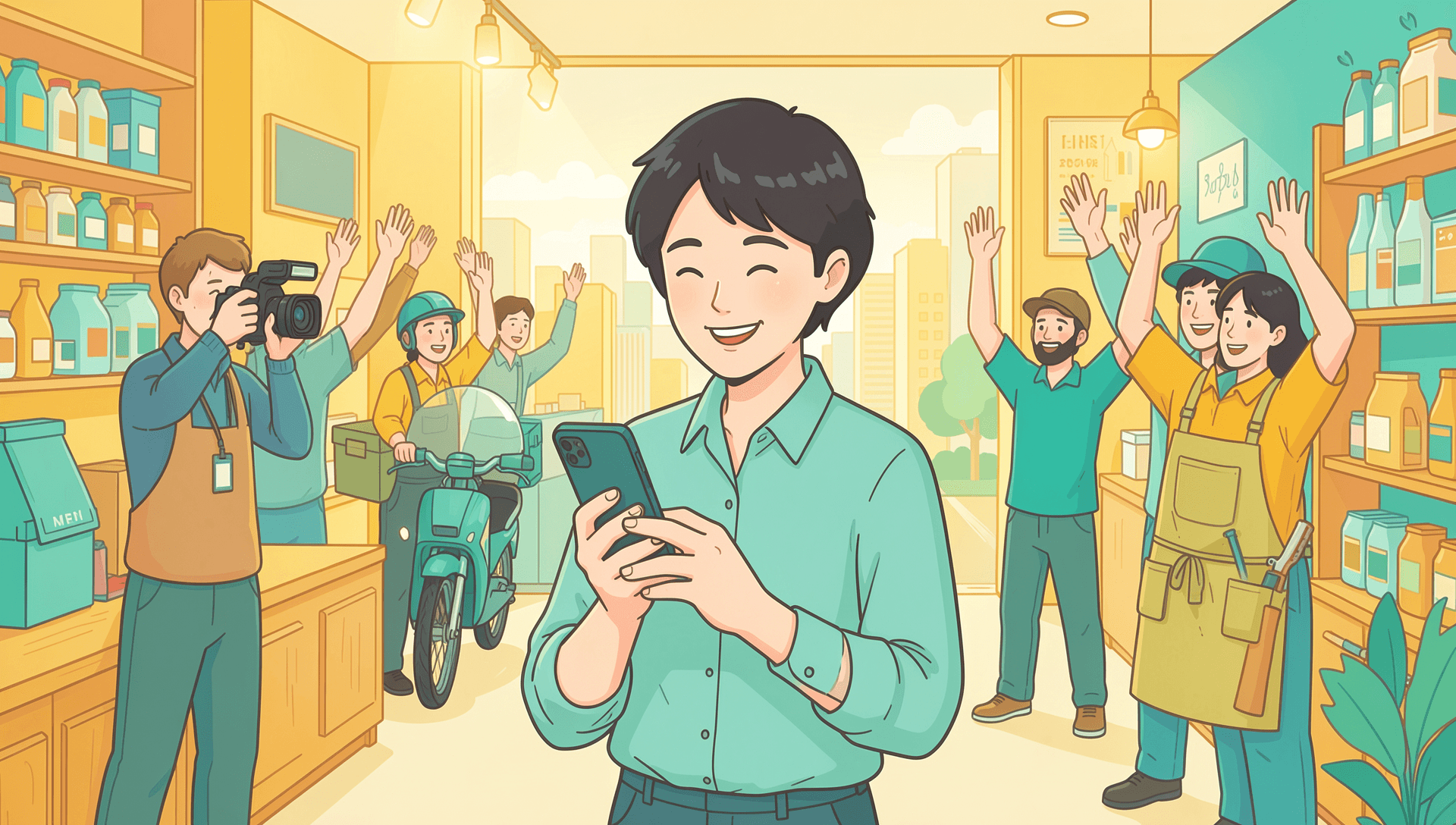 A small business owner smiling at their phone as a mix of everyday helpers, a photographer, a delivery rider, an event helper and a handyman, raise their hands ready to take the job