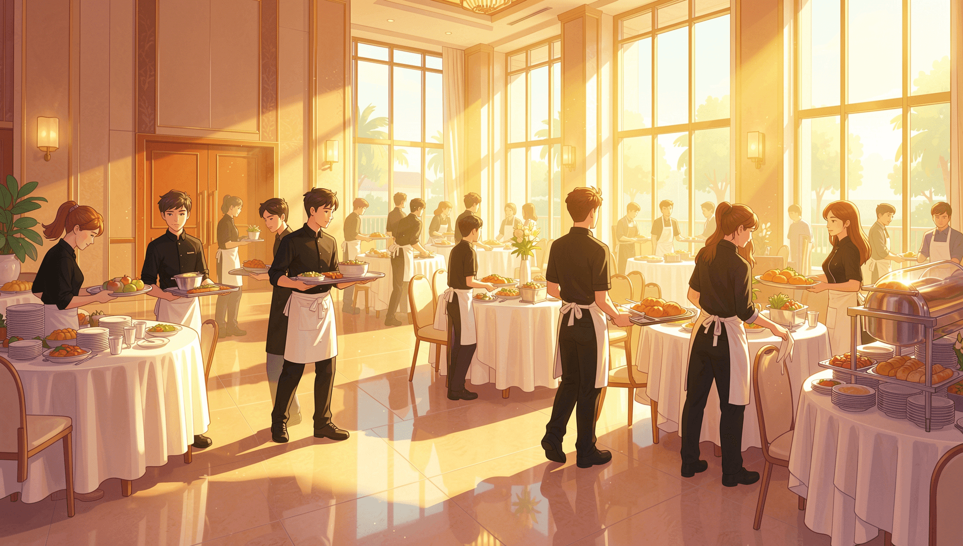 Part-time event staff in aprons setting up banquet tables and carrying trays in a sunlit hotel hall
