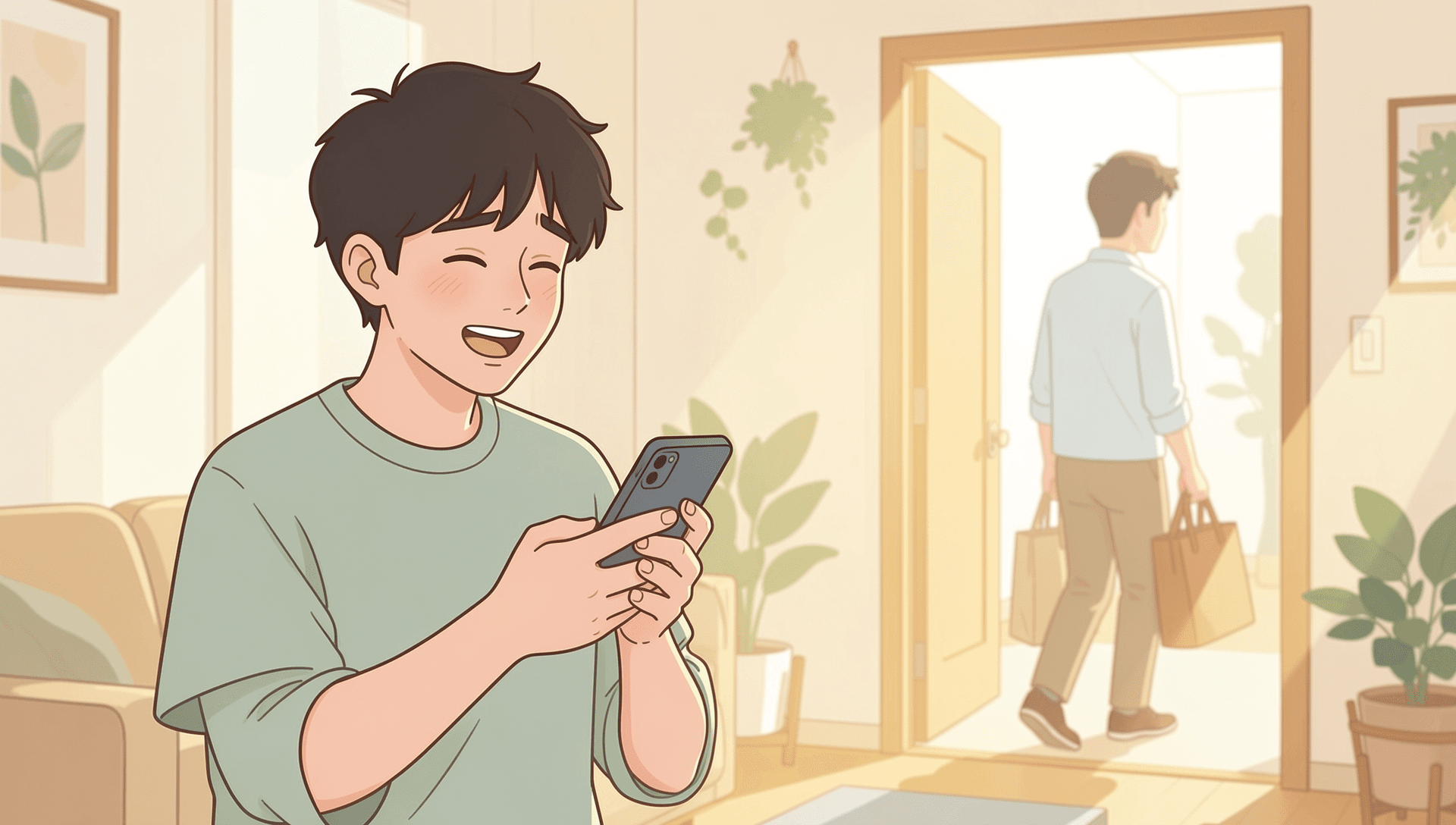 A young person at home smiling at their phone after posting a task and getting offers, while a helper heads out the front door in the background