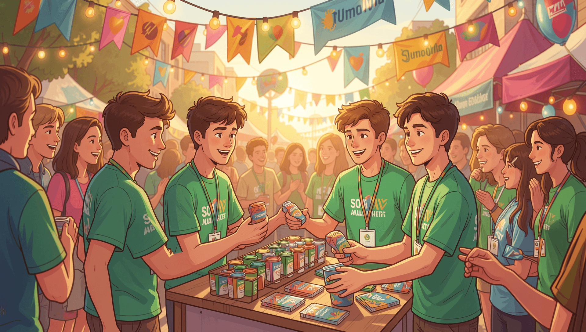 Illustrated event staff crew in matching lanyards handing out product samples to a crowd at an outdoor brand activation at golden hour