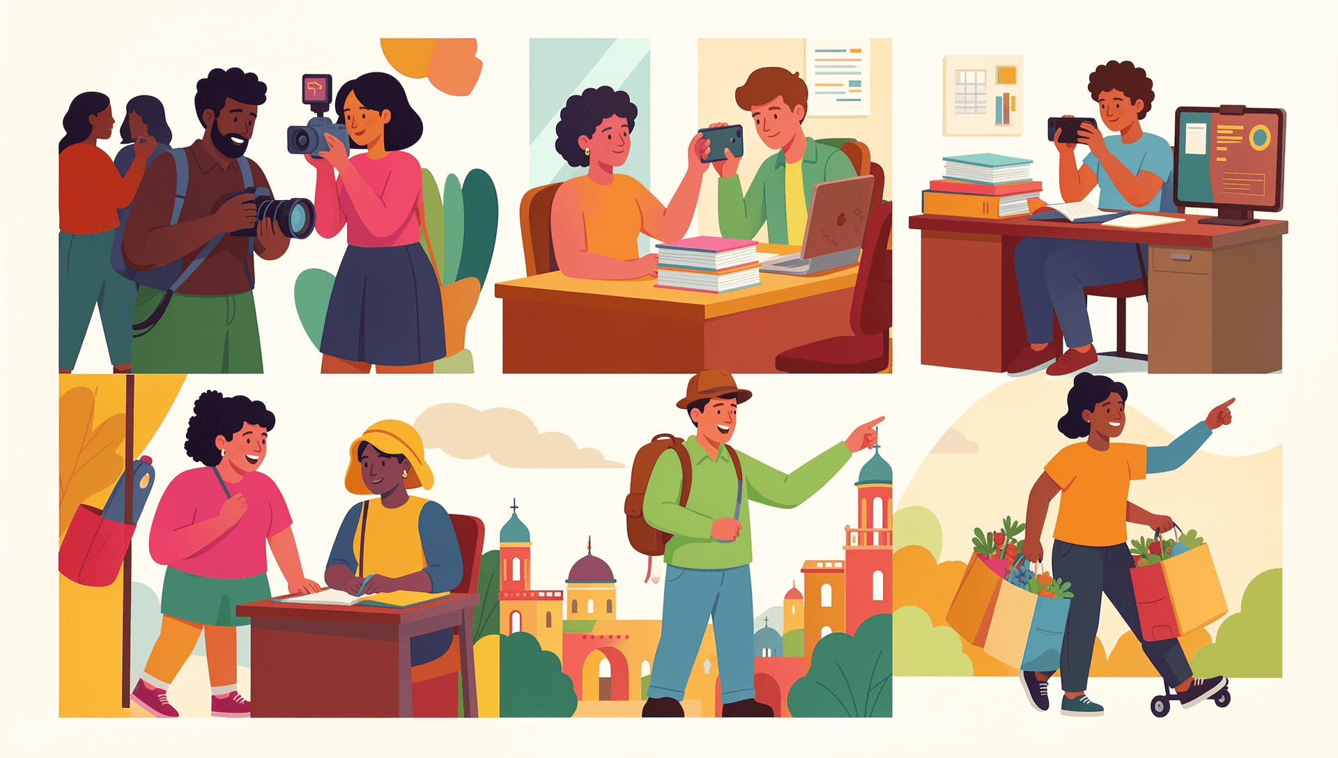 Diverse collage of people doing varied work including photography, content creation, errands, and administrative tasks