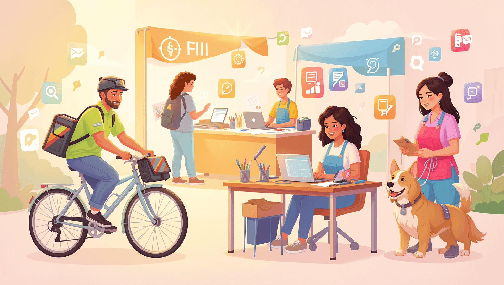 Illustration of people doing different kinds of paid real world work, including a delivery courier, an event booth worker, a creative professional and someone caring for a dog.