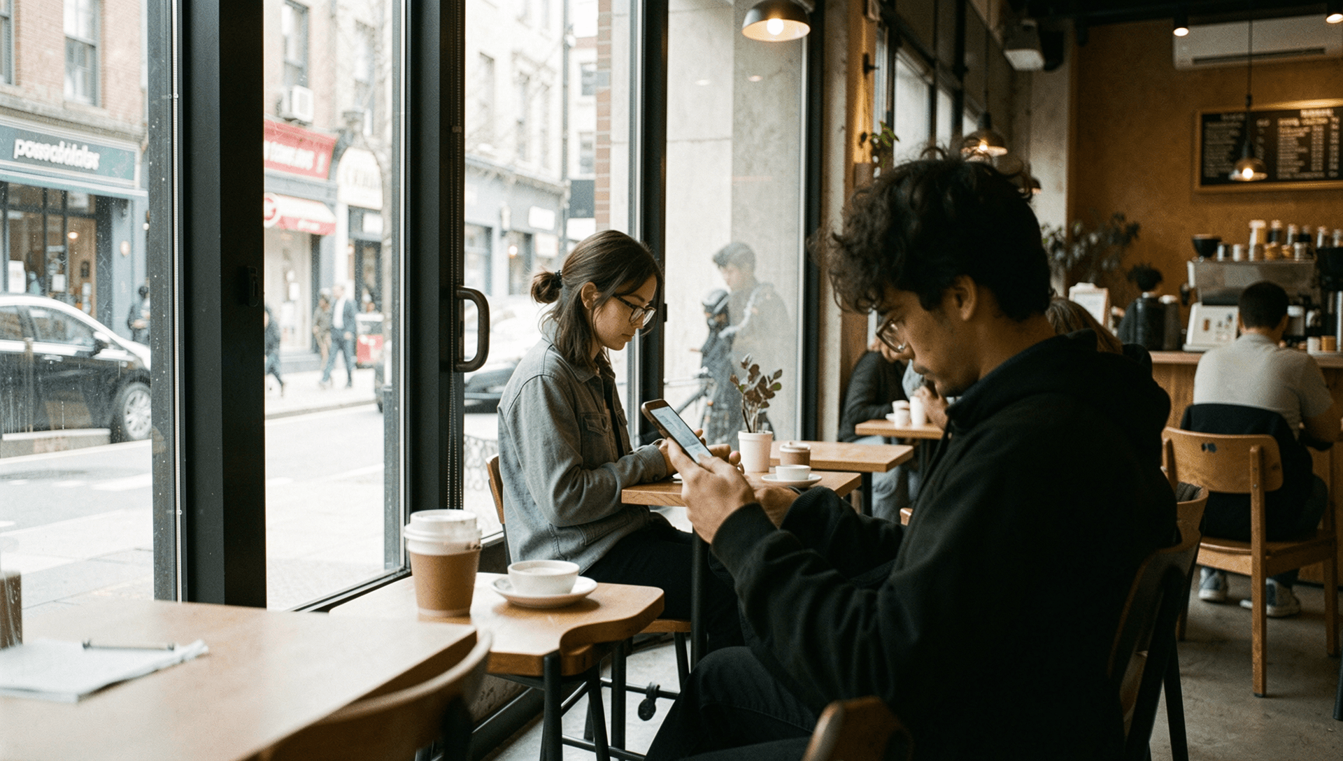 Person checking phone in modern coffee shop with natural light, representing quick flexible work
