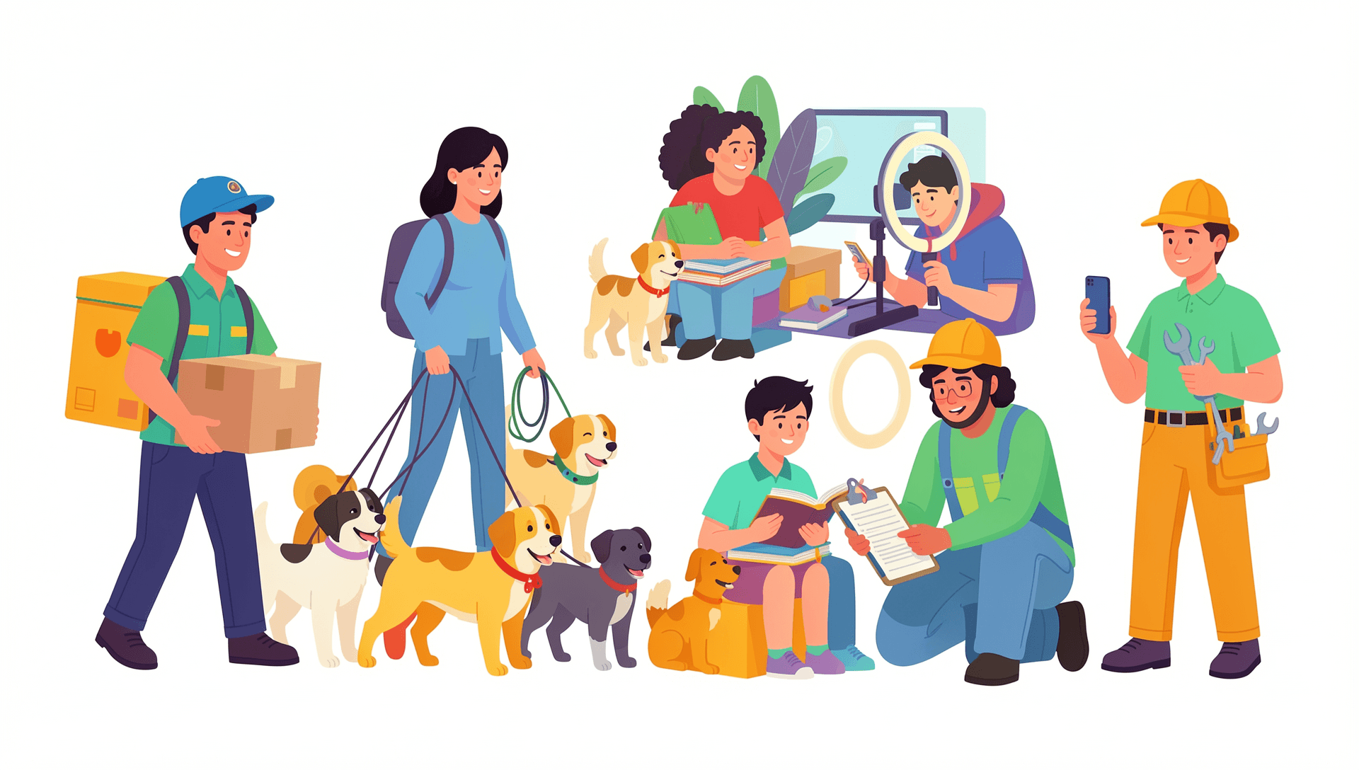 Diverse people performing real-world human tasks including delivery, dog walking, tutoring, content creation, and home repairs