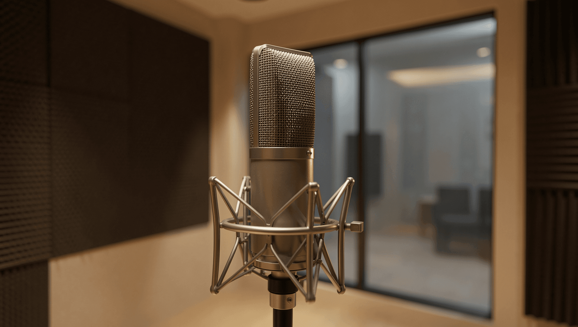 Professional recording studio with modern microphone setup and warm ambient lighting
