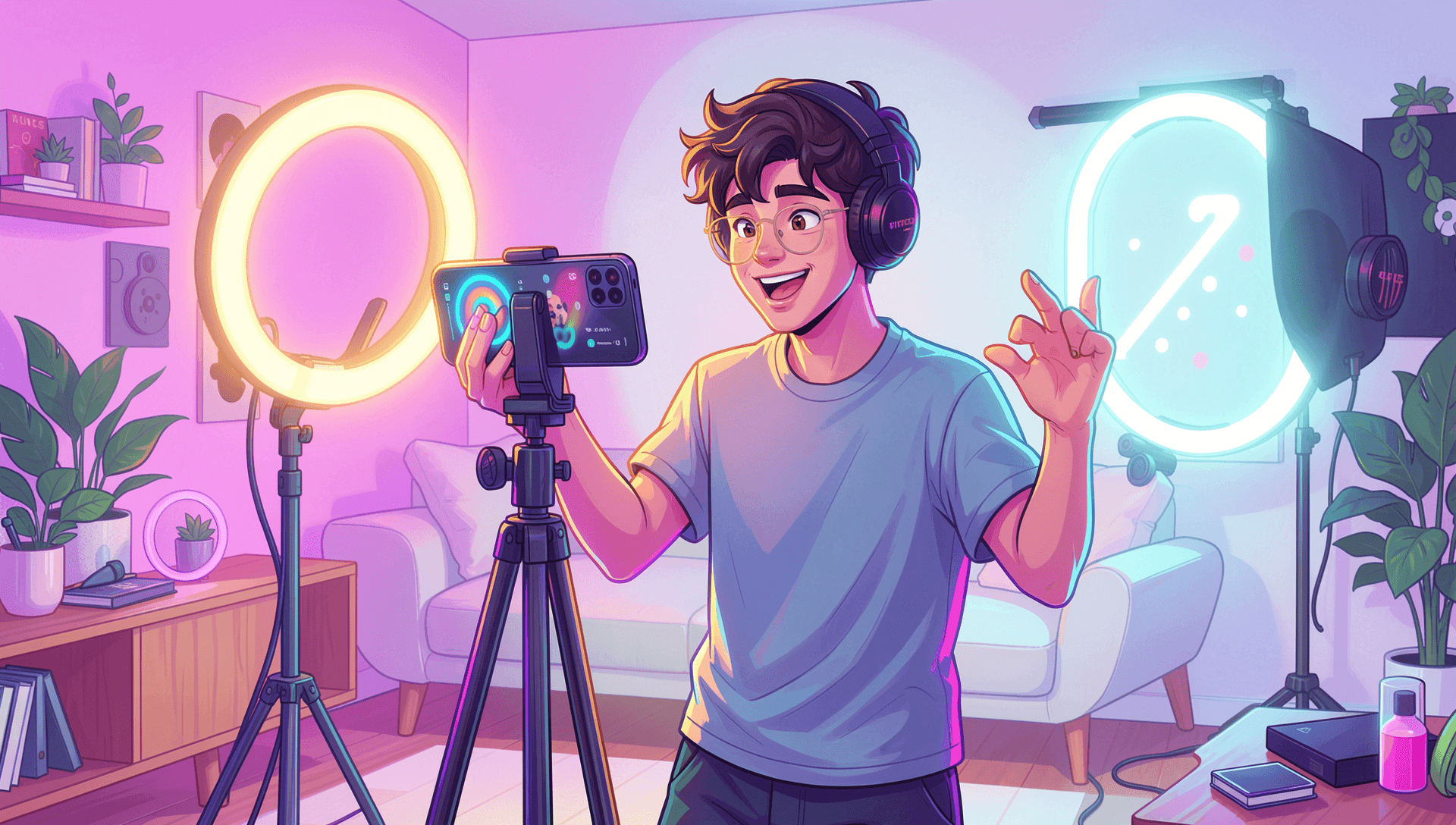 Content creator filming TikTok video with smartphone on tripod in bright home studio with ring light