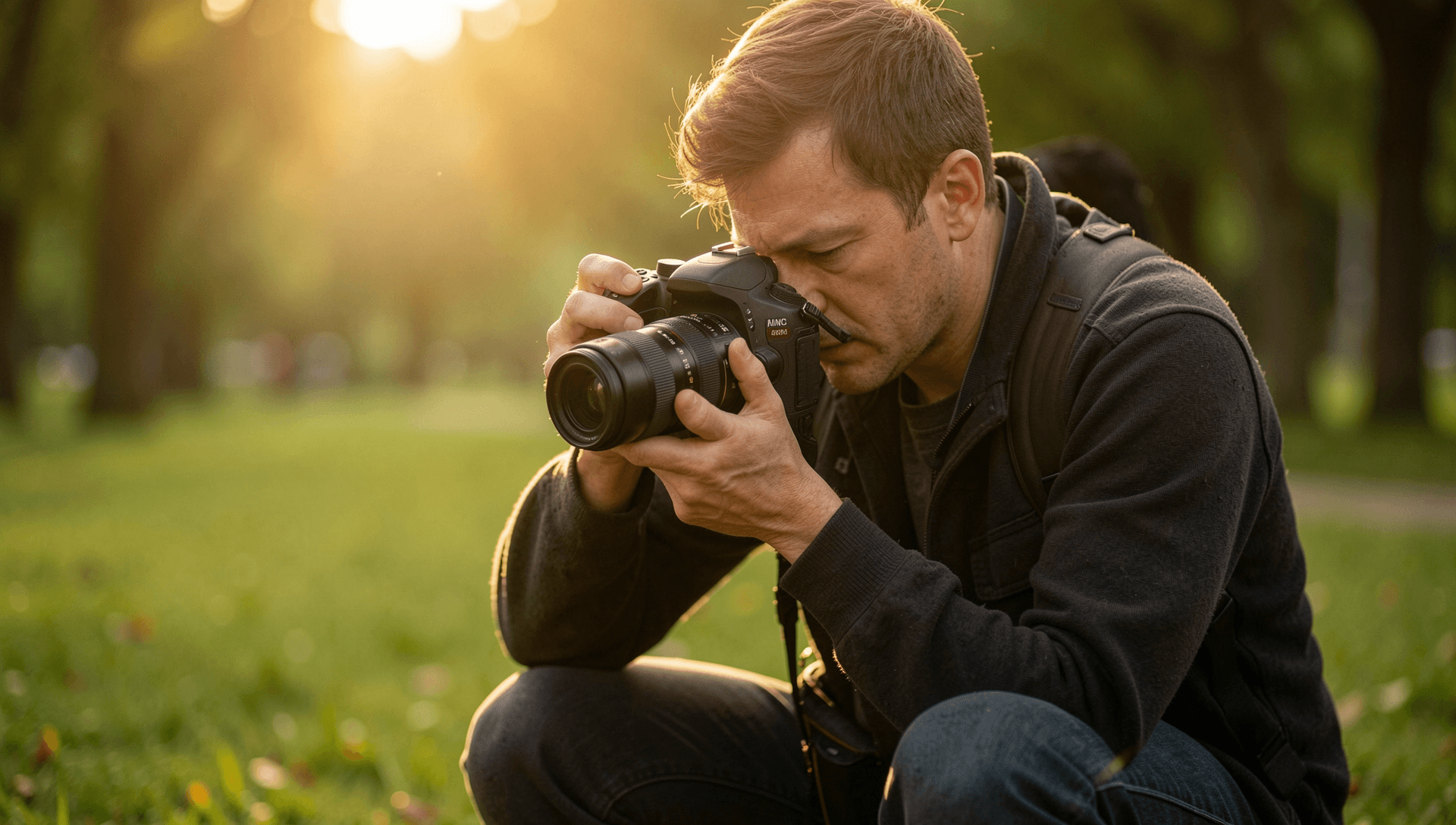 A photographer crouched outdoors in golden-hour light framing a shot with a DSLR camera during an outdoor portrait shoot.