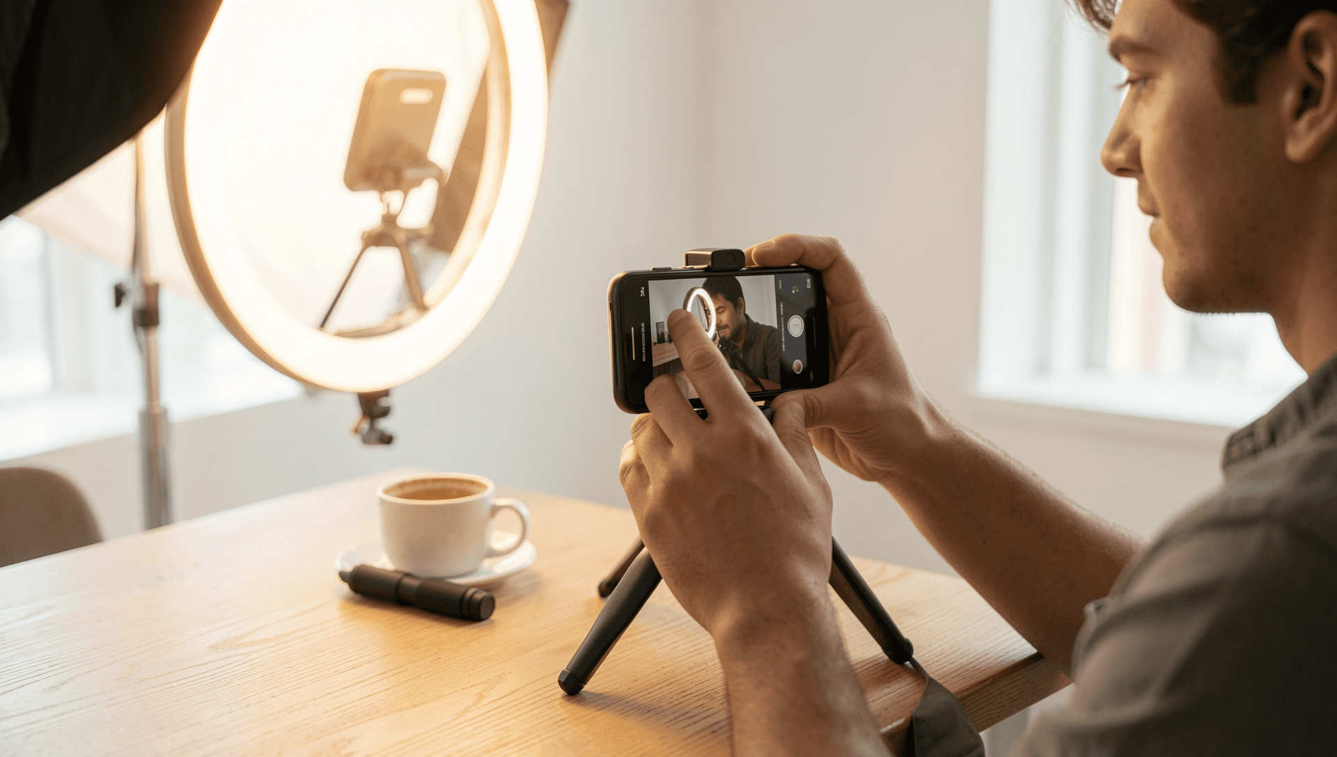 A content creator filming a small product on a smartphone mounted on a tripod in a bright studio with a softbox and ring light