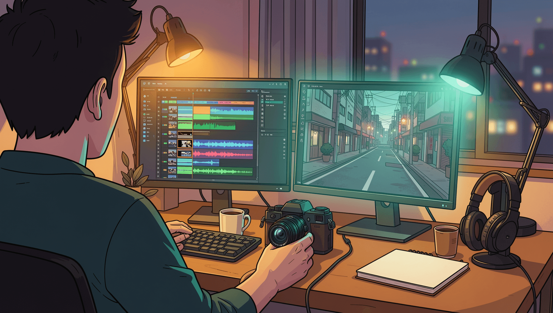 Illustration of a freelance video editor working at a desk at dusk, two monitors showing a video editing timeline, with a camera and headphones beside the keyboard.