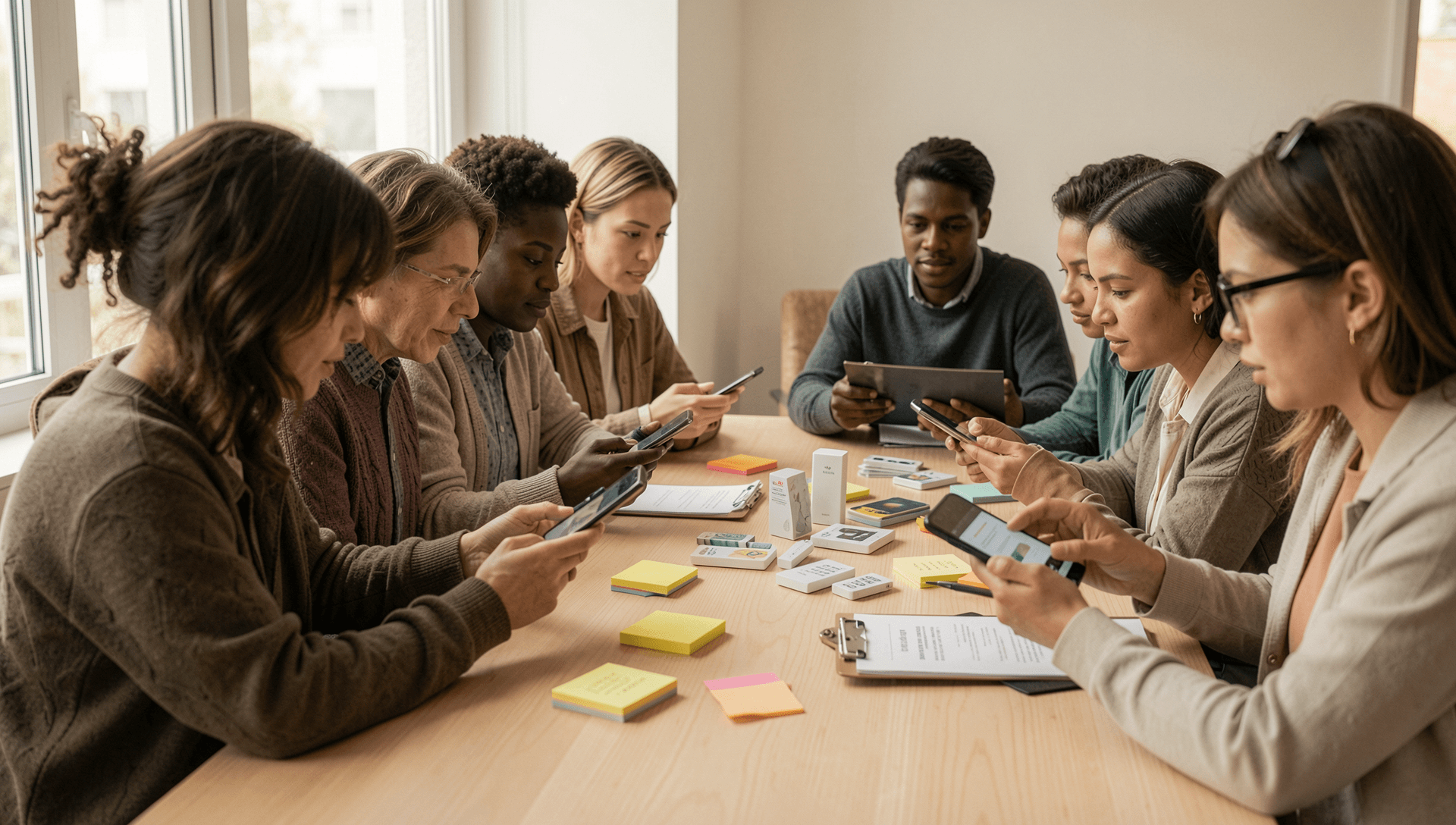 A diverse group of people around a light wood table testing a mobile app during a product research session