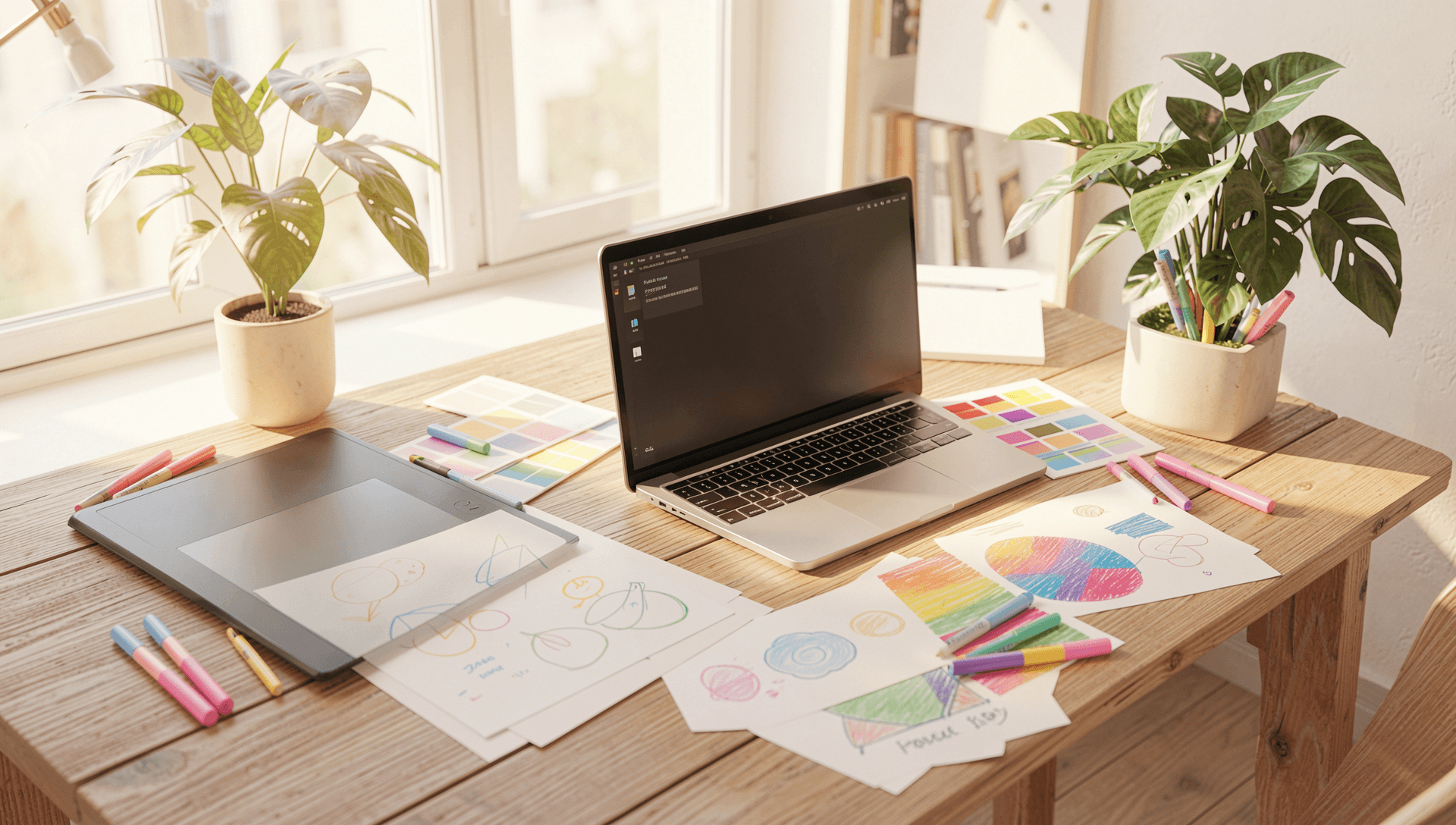 A graphic designer sketching a colorful logo on a drawing tablet at a bright wooden desk with a laptop, paper color swatches, and marker pens.