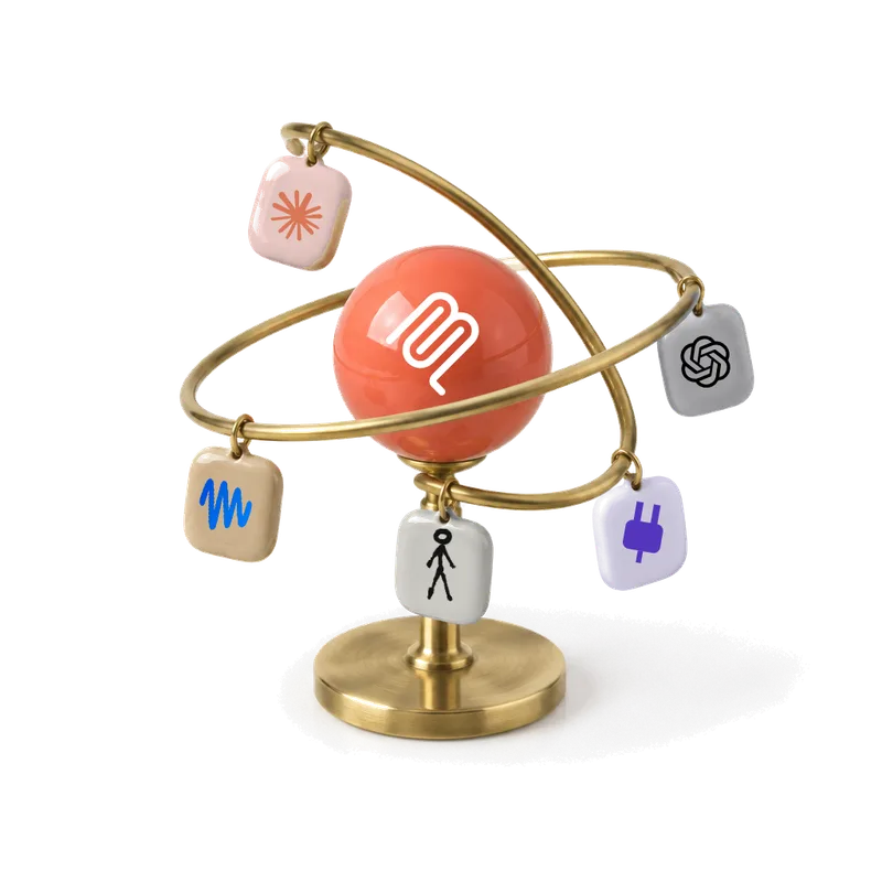 An orrery: the MCP mark on a coral sphere, with Claude, Codex, Meta Muse, Instinct and other MCP clients on tiles around it