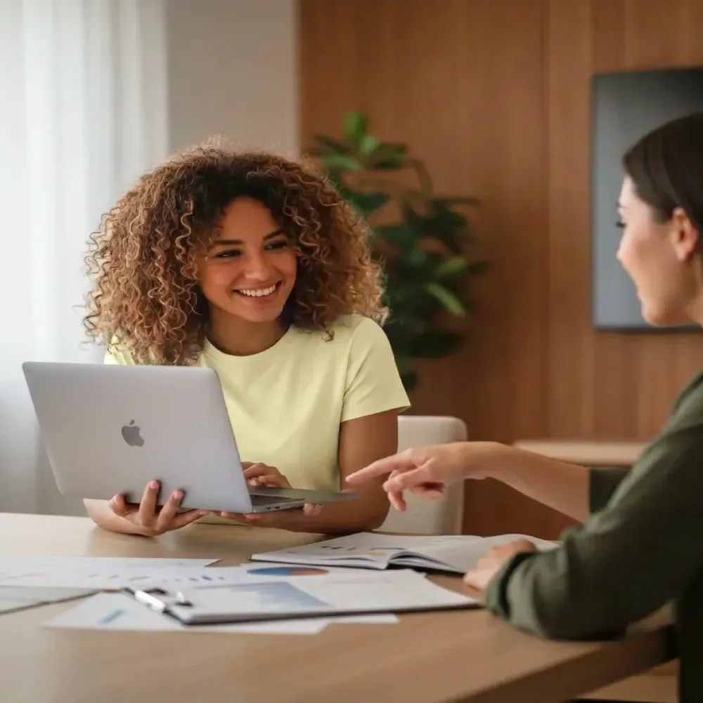 Two colleagues collaborating over a laptop