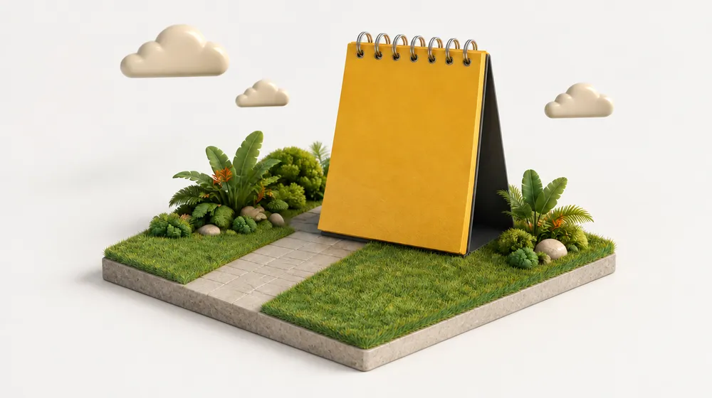 A giant blank calendar beside a garden path