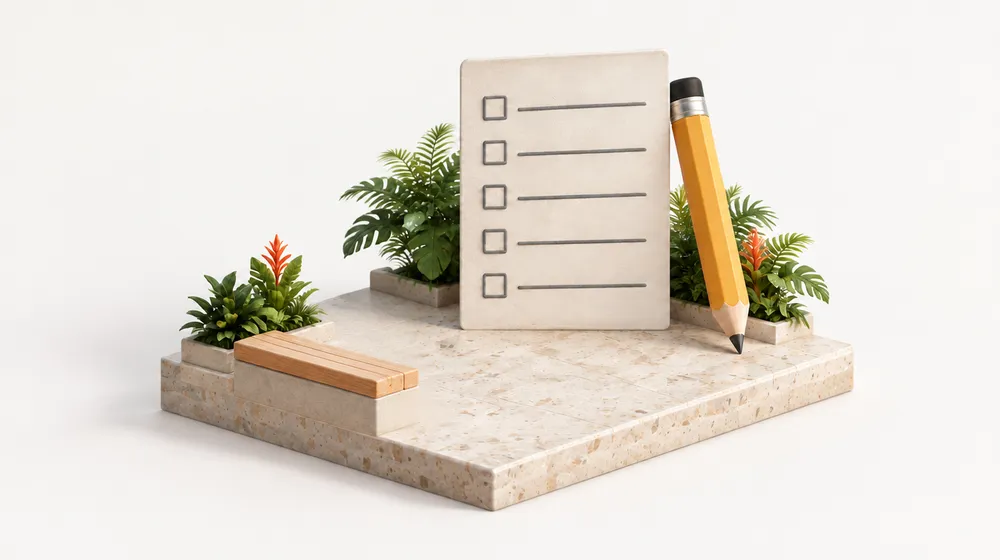 A giant checklist and pencil beside an empty bench