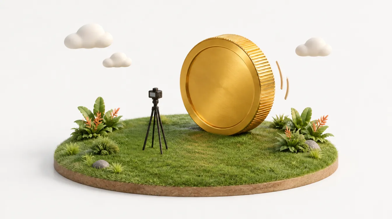 A giant gold coin rolling past a camera on a tripod
