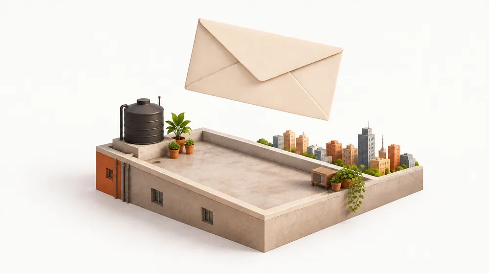 A giant envelope floating over a rooftop